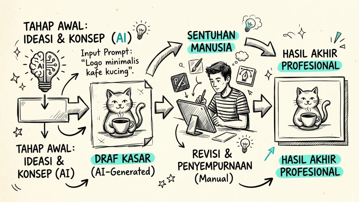 Alur kerja hibrida: AI menangani konsep kasar, desainer manusia melakukan sentuhan akhir profesional.