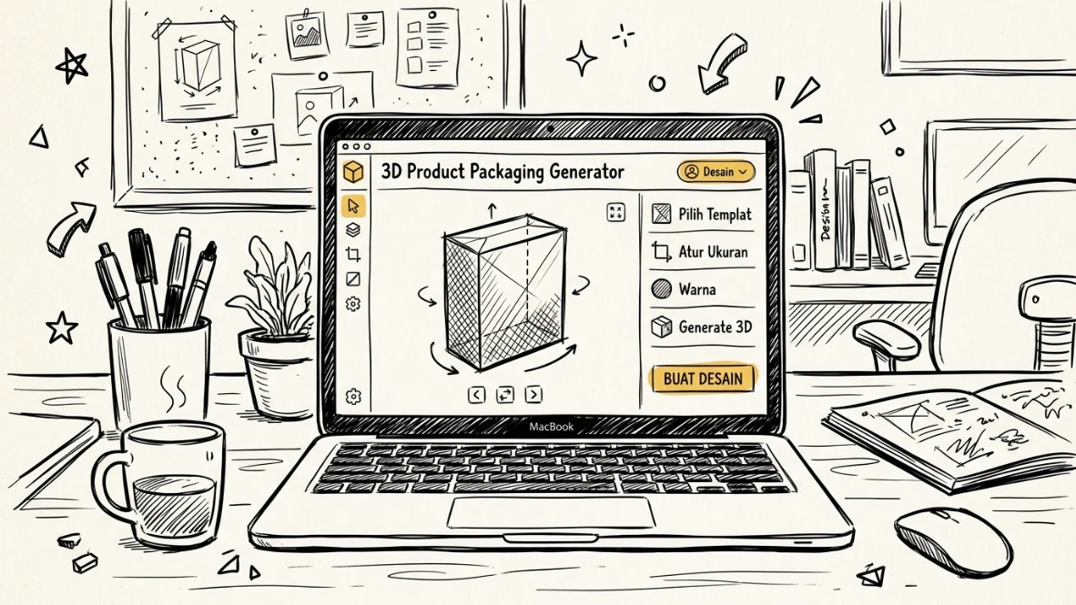 Ilustrasi pembuatan mockup kemasan produk menggunakan tools AI generator gratisan